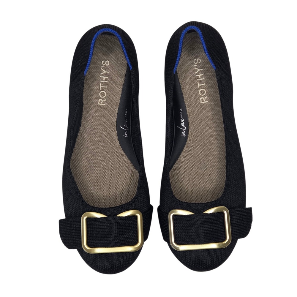 NWOB Rothys The Square Buckle Black Knit Gold Hardware Flats Size 8
